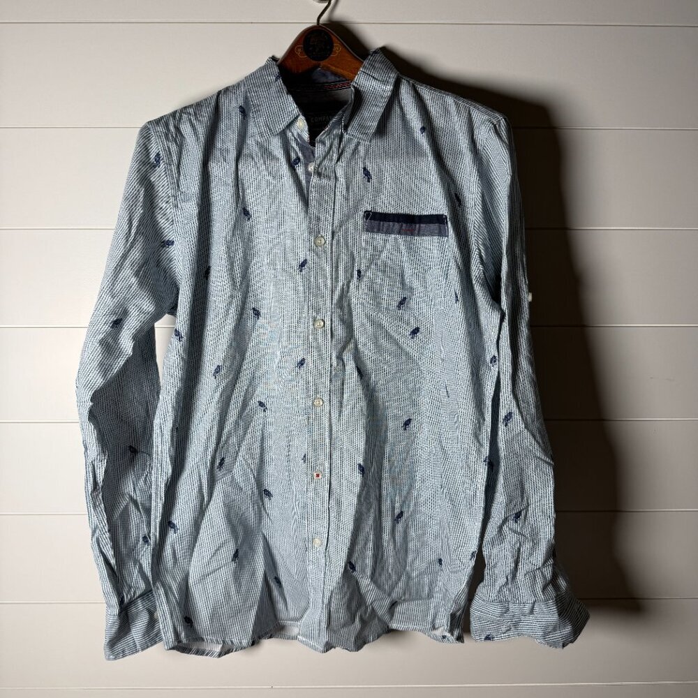 Company Eighty One Bird All Over Print Button Up Shirt Navy White Stripe-Large